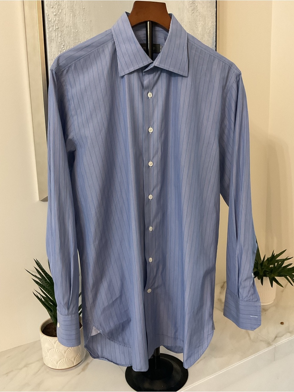 J,P.Tilford Tailored  Premium Blue Fine Vertical Pinstripe Dress Shirt .